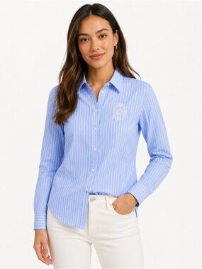 Lauren Ralph Lauren 100% Linen Striped Shirt Women’s 2X Blue Crest Logo